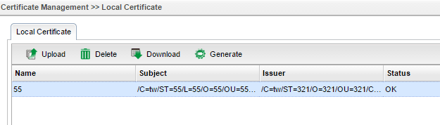 a screenshot of Vigor3900 Local Certificate list